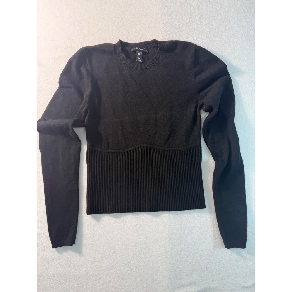 AQUA Sweater Women S Black Ribbed Corset Waist Long Sleeve Knit Minimalist Top